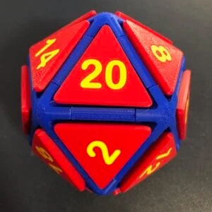 Clicky D20 fidget in Blue, Red and Yellow