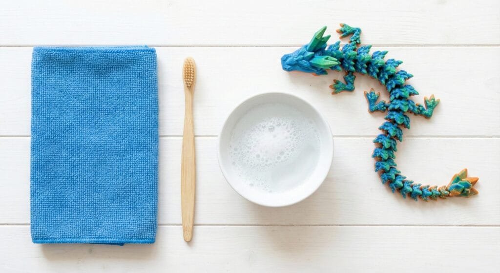 A 3d printed dragon sits beside a bowl of soapy water, a toothbrush and a towel, ready to be washed