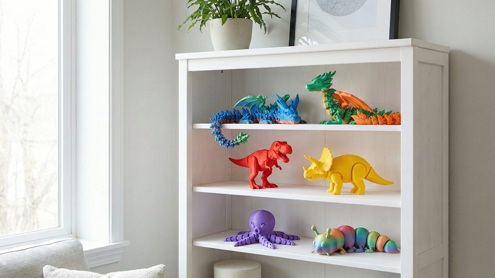 3D print toys sit on a book shelf - How to Clean 3D Printed Toys